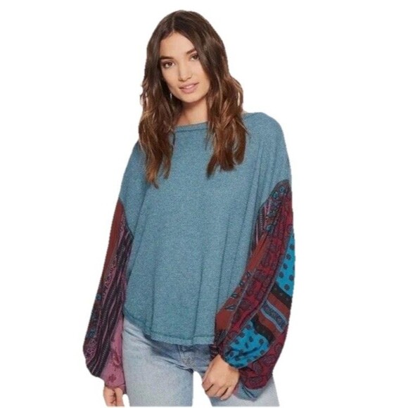 We The Free People Blossom Thermal Balloon Sleeve Oversized Pullover Top Small - Picture 1 of 12